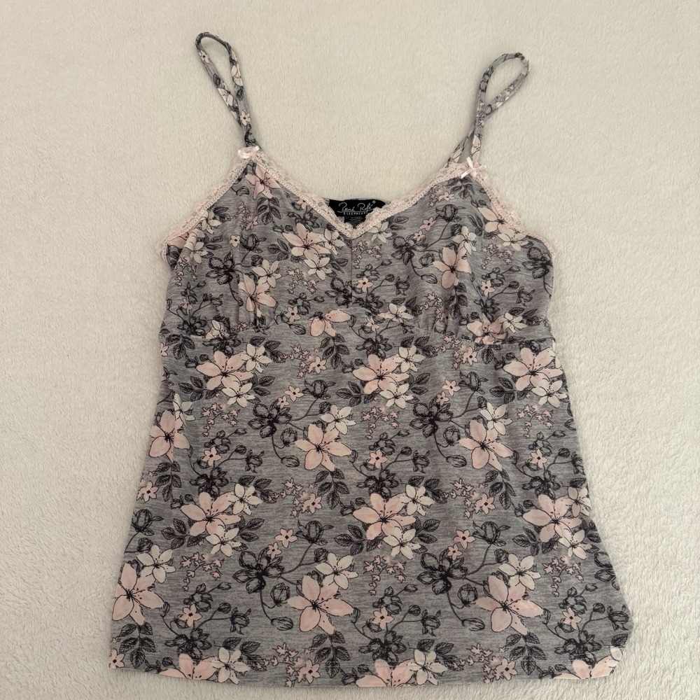 Womens Lace Trim Babydoll Cami Size Large Gray Pink Fairy Coquette Stretchy